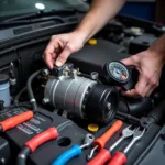 Car Air Con Service in Gainsborough: A technician inspects and services a car's air conditioning system.