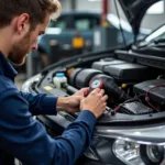 Car Aircon Service in Eastbourne: A mechanic servicing a car's AC system.