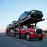 Car and Bike Transport Truck Loaded with Vehicles