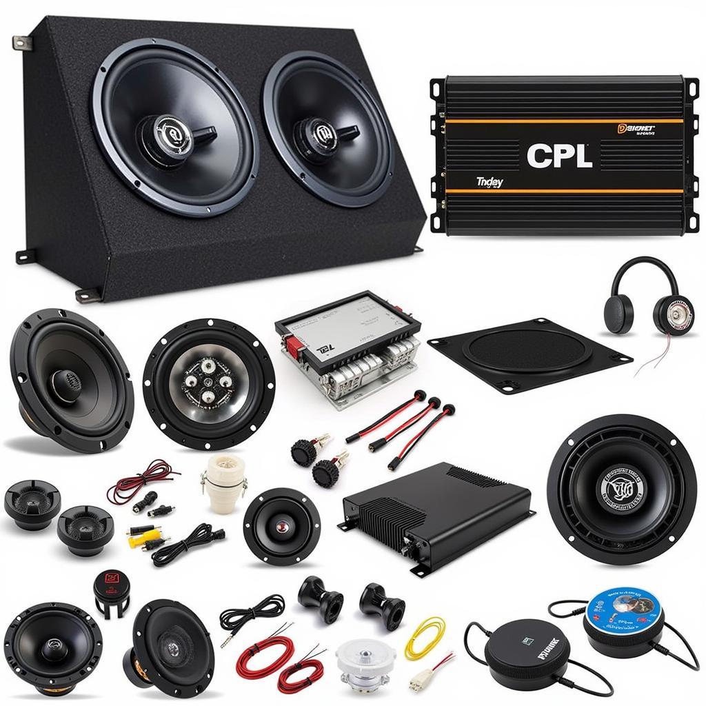 Different components of a car audio system including speakers, amplifiers, and subwoofers.