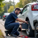 Car Battery Delivery Service Technician Installing New Battery