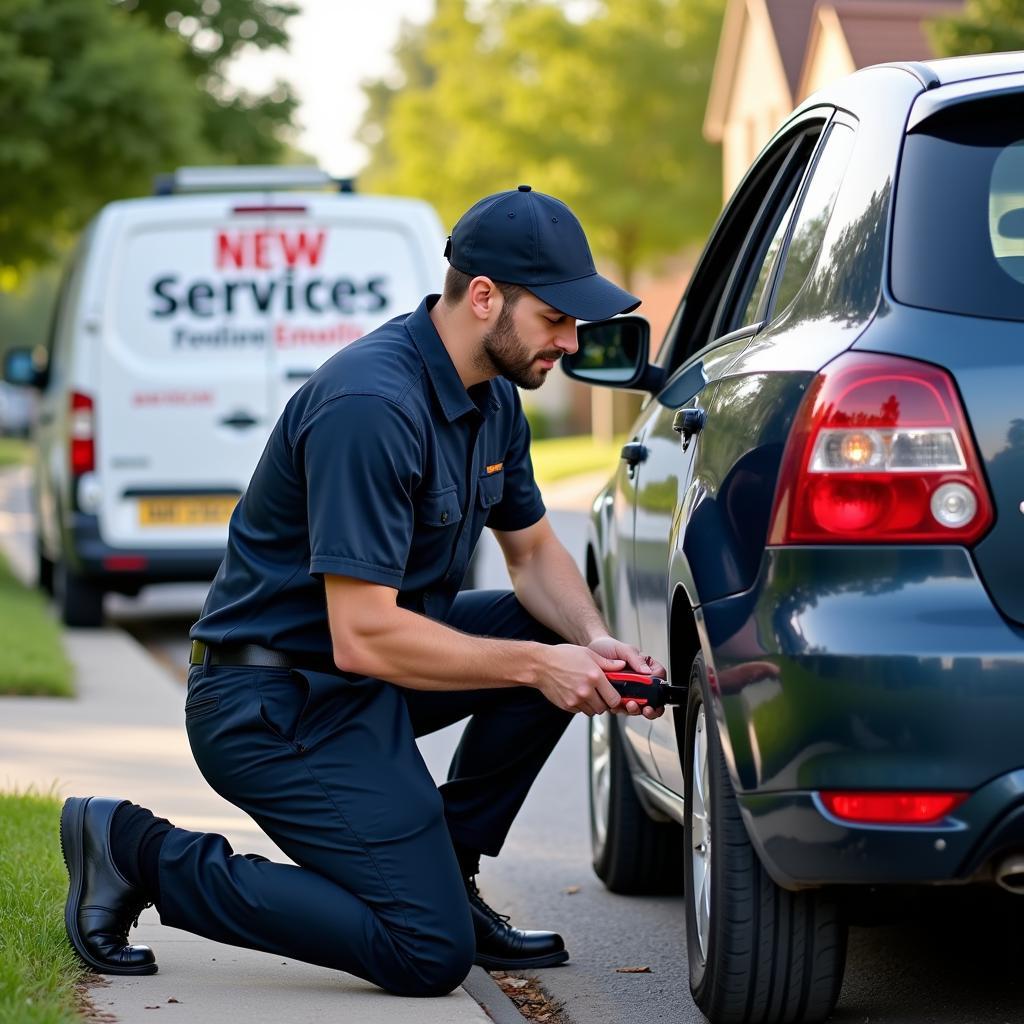 Technician Installing Car Battery with Delivery Service