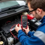 Technician Testing Car Battery with Specialized Equipment