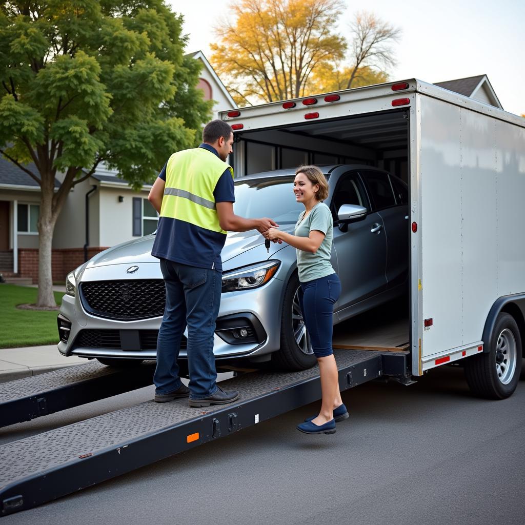 A car is delivered to its destination after being transported by a car courier service.