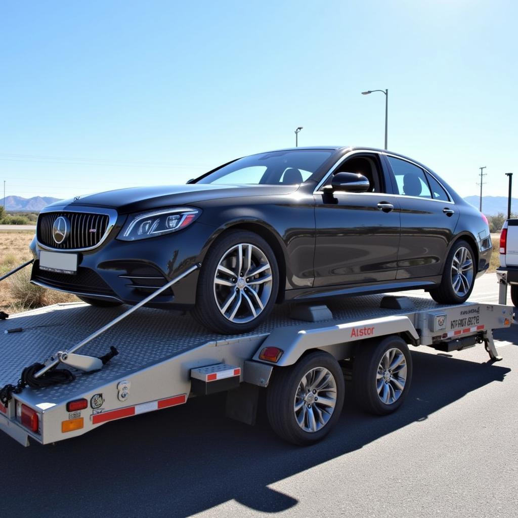 Car courier service transports a vehicle on a specialized trailer.