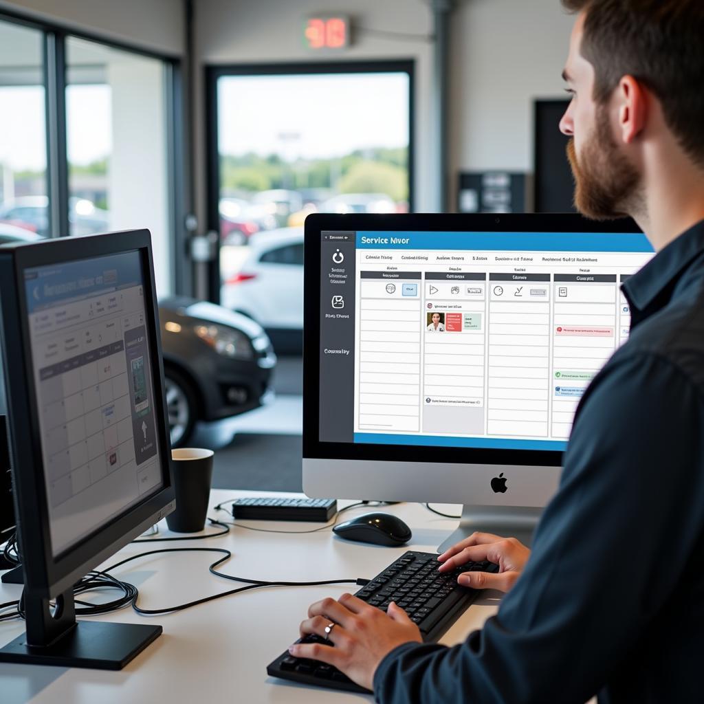 A service advisor efficiently manages appointments and customer communication using car dealership service scheduling software.