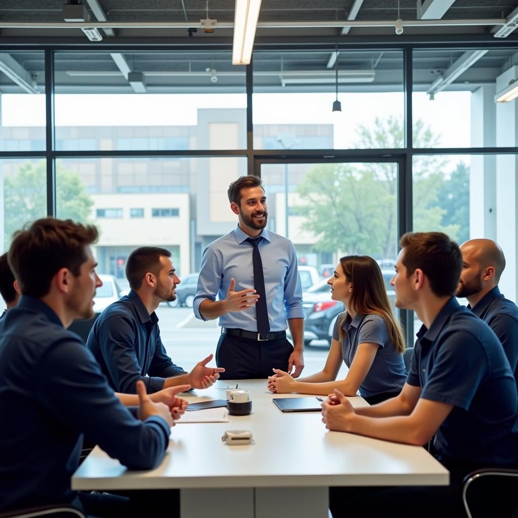 Car Dealership Service Manager in a Meeting