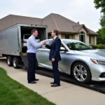 Car delivery service truck in Lincoln, Nebraska, delivering a new car to a customer.