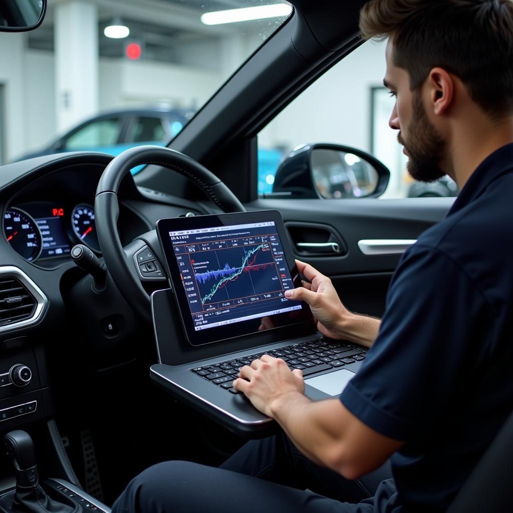 Technician Performing Computer Diagnostics on a Car in Noida