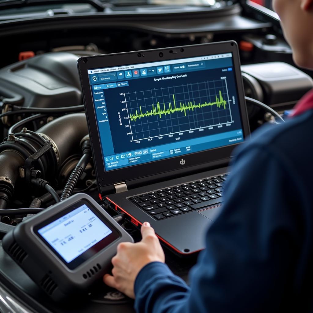 Modern diagnostic tools being used to analyze car engine performance data in Phoenix, AZ