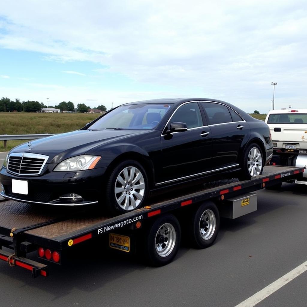 Luxury Vehicle Being Transported on a Car Flat Bed Service Truck