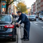 Car gas delivery service in action: A service technician fills a car's tank on the roadside.