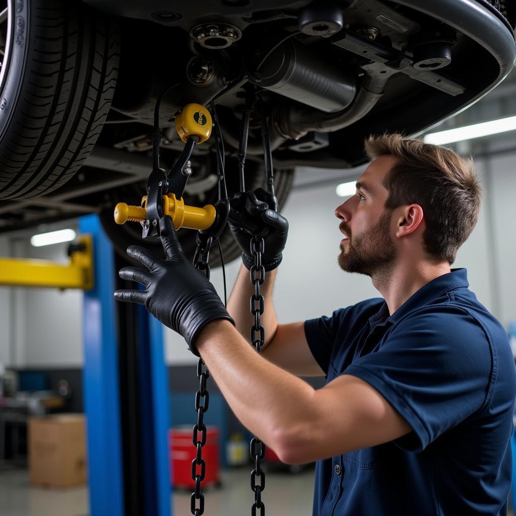 Car Hoist Service Technician Performing a Thorough Inspection