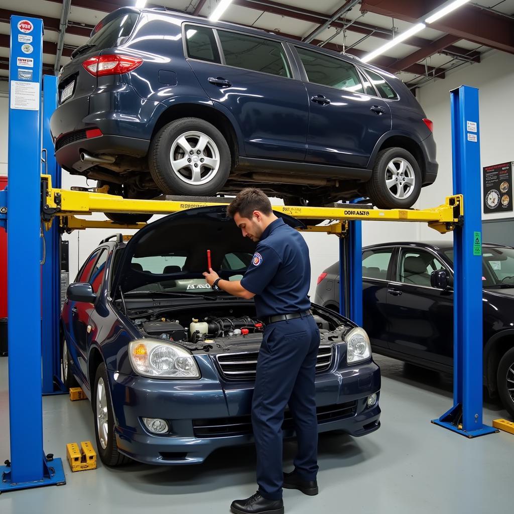 Car undergoing a routine maintenance check-up at ASVO Bosch Car Service with a technician inspecting various components.