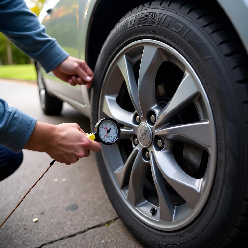 Person checking tire pressure on their car in Anglesey