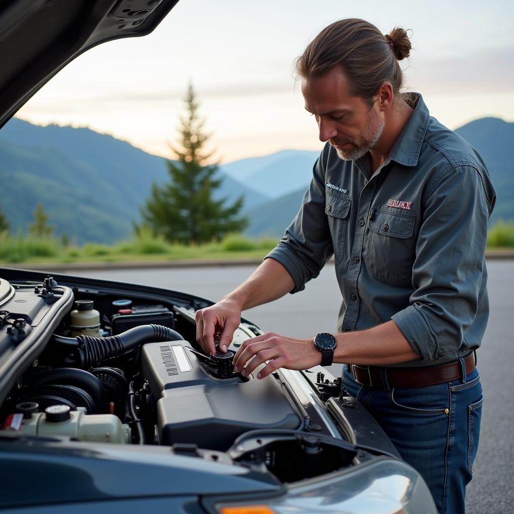 Car owner checking oil levels