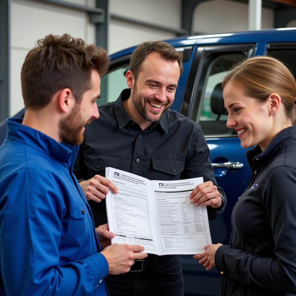 Car mechanic explaining MOT results to a customer.