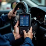 Car Mechanic Performing Diagnostics: A mechanic using a diagnostic tool plugged into a car's onboard computer system.