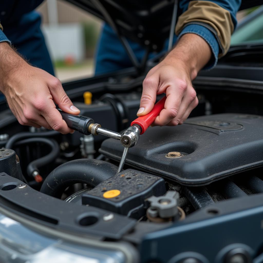 Car Mechanic Working on Engine