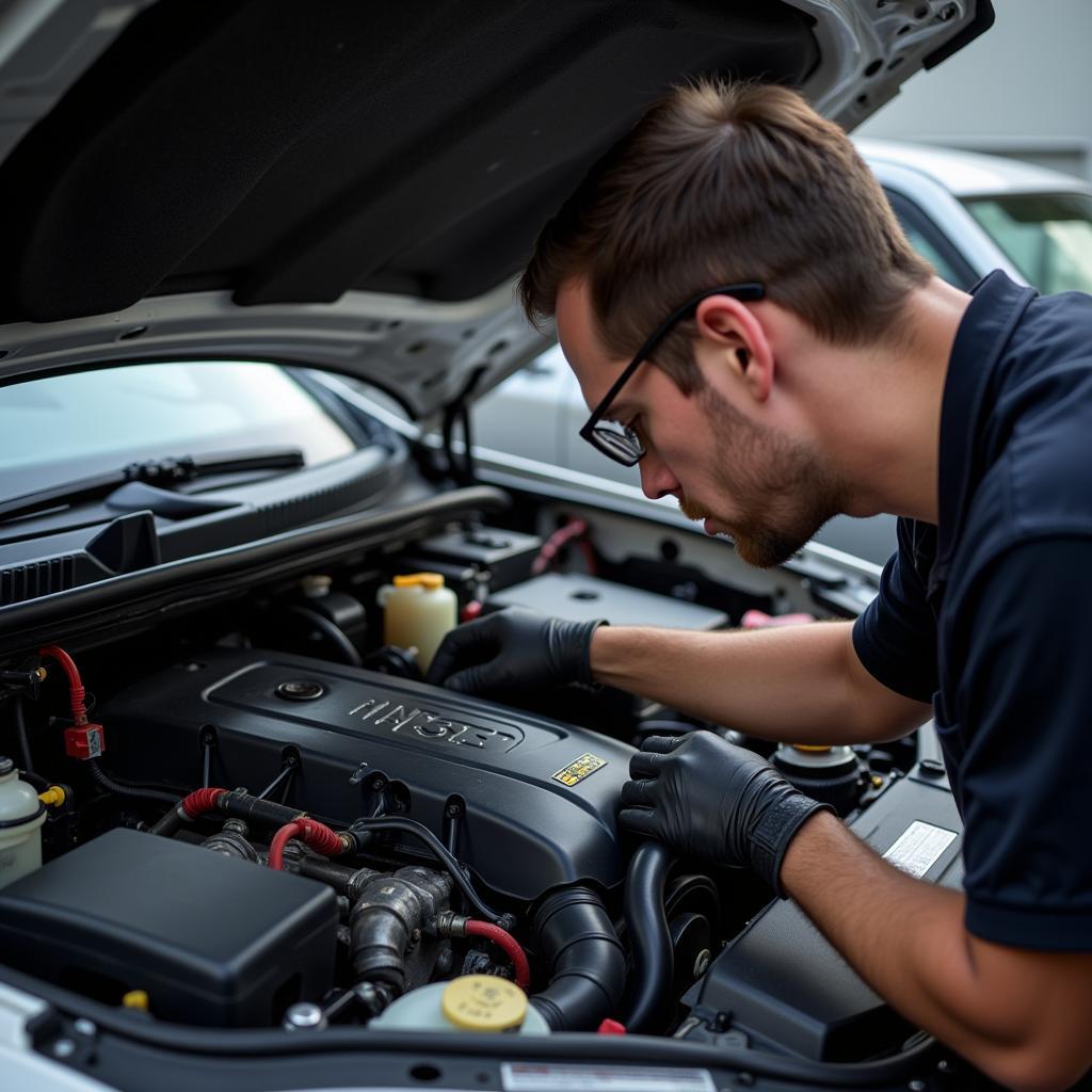 Car Mechanic Working on Engine