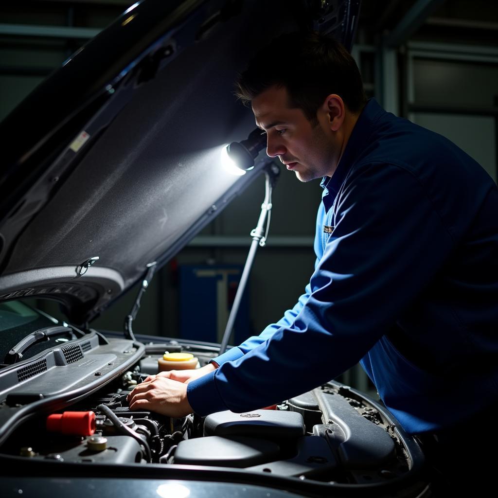 Diagnosing a Car Oil Leak: A mechanic inspects the underside of a car for oil leaks.