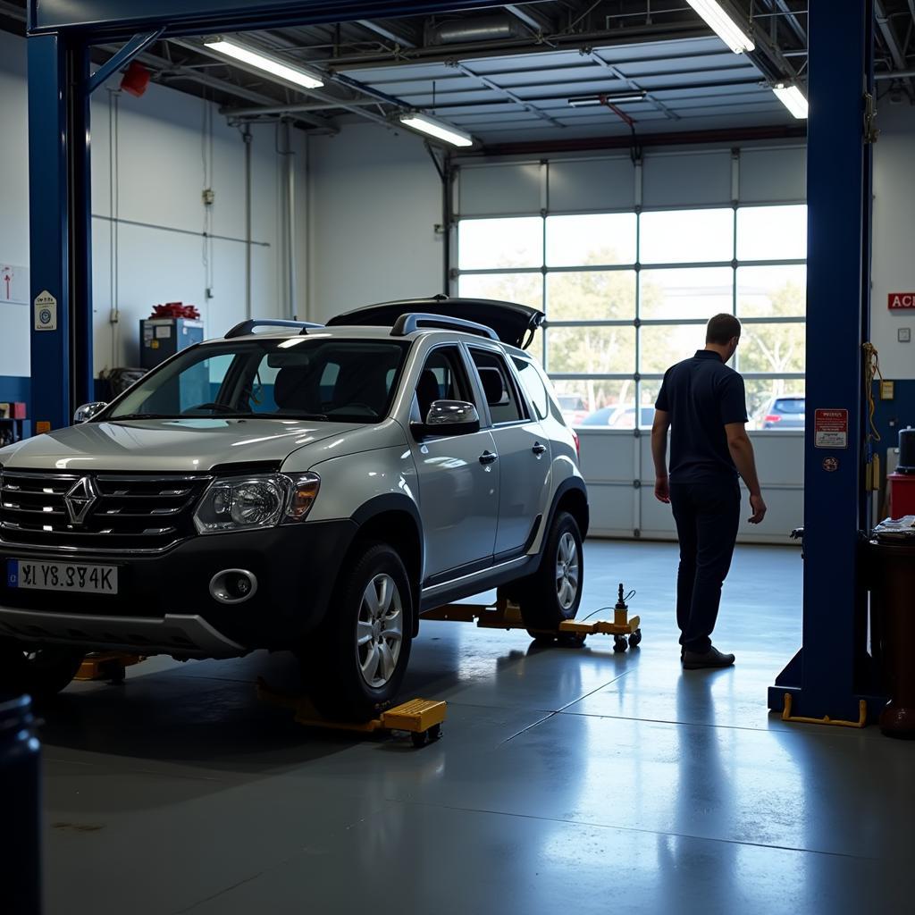 Car on a lift in a garage undergoing service