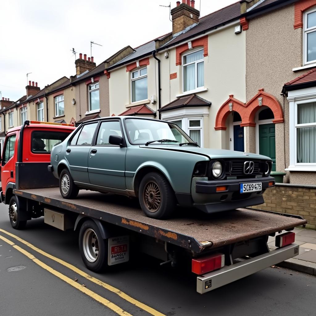 Car Removal Service in London: A tow truck removing a scrap car from a residential street in London.