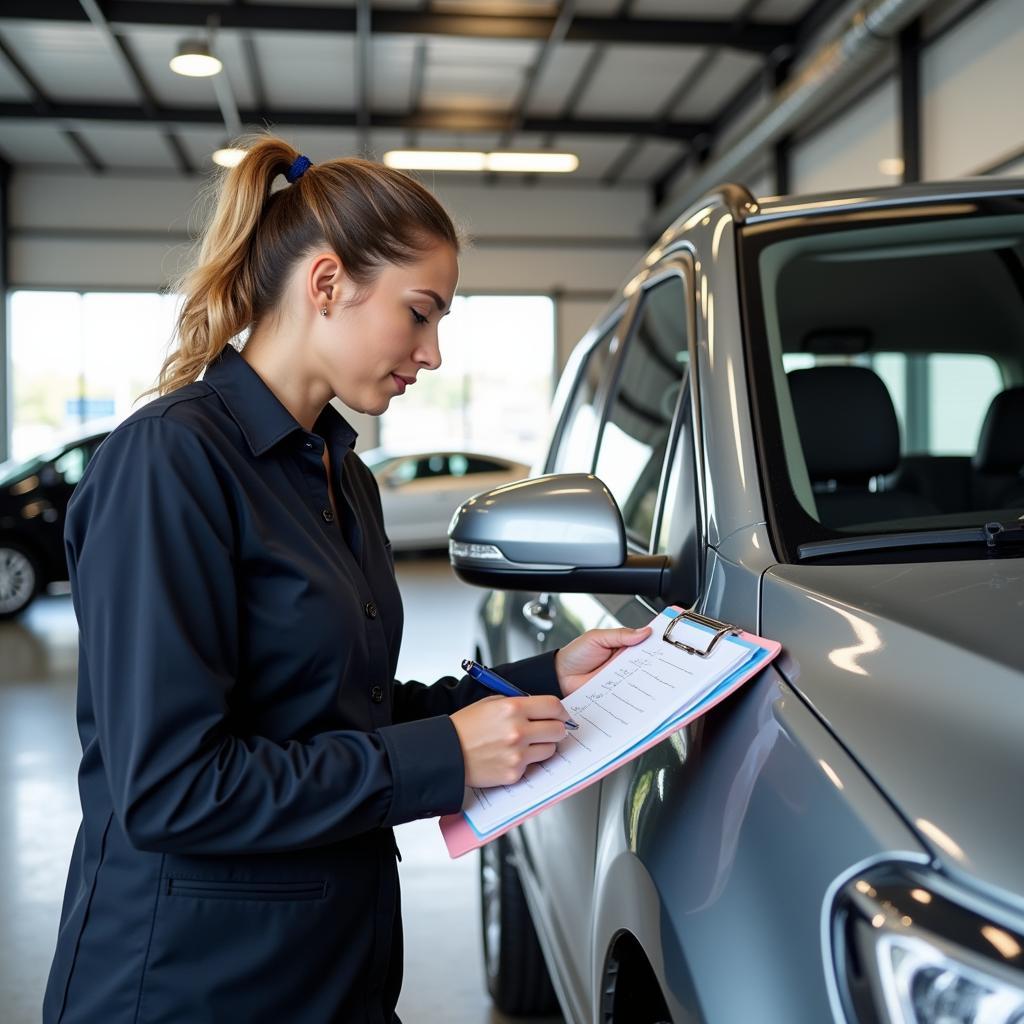 Car rental agent inspecting a vehicle for damage