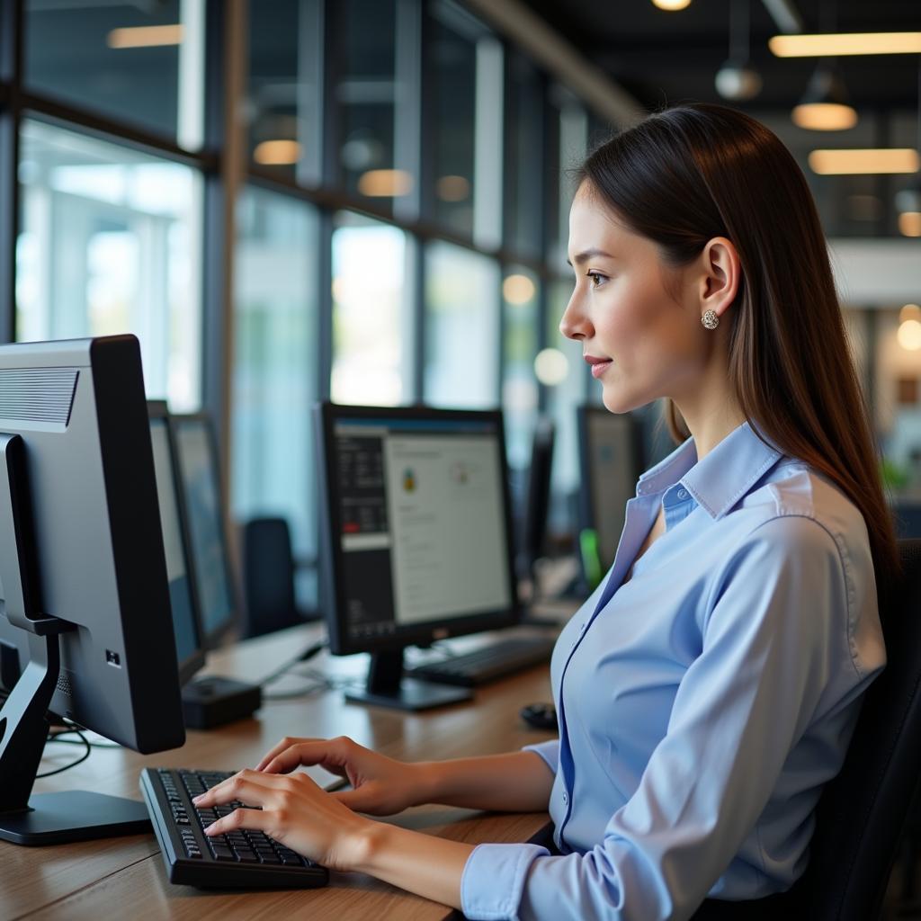 Car rental agent working on a computer