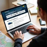 Traveler Planning Car Rental on Laptop