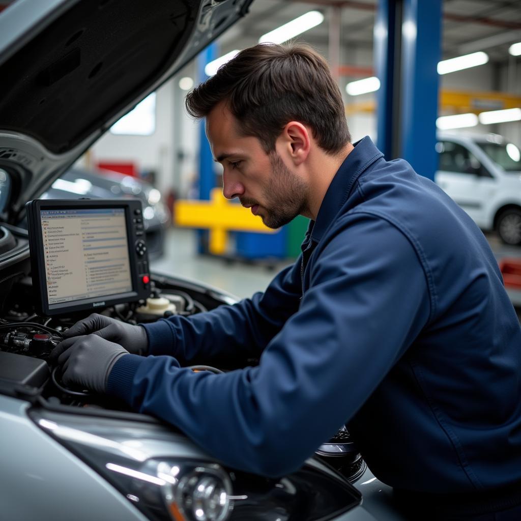 Car Service 11238: Mechanic Performing Diagnostics