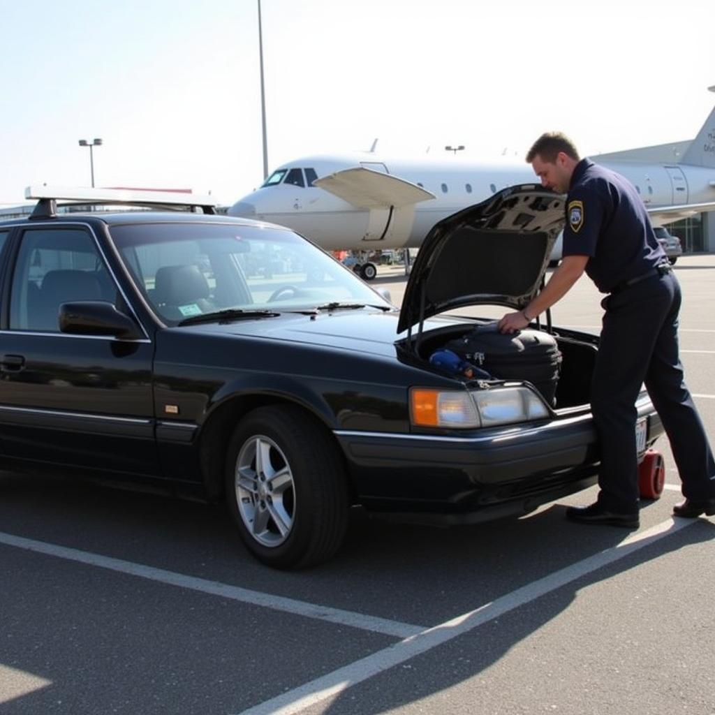 A sleek black car parked at the Albany International Airport