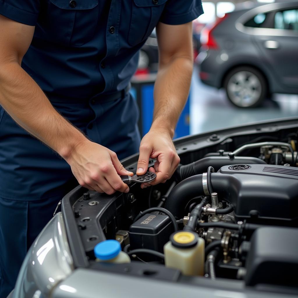 Mechanic diligently working on a car engine in an Albany, NY auto repair shop