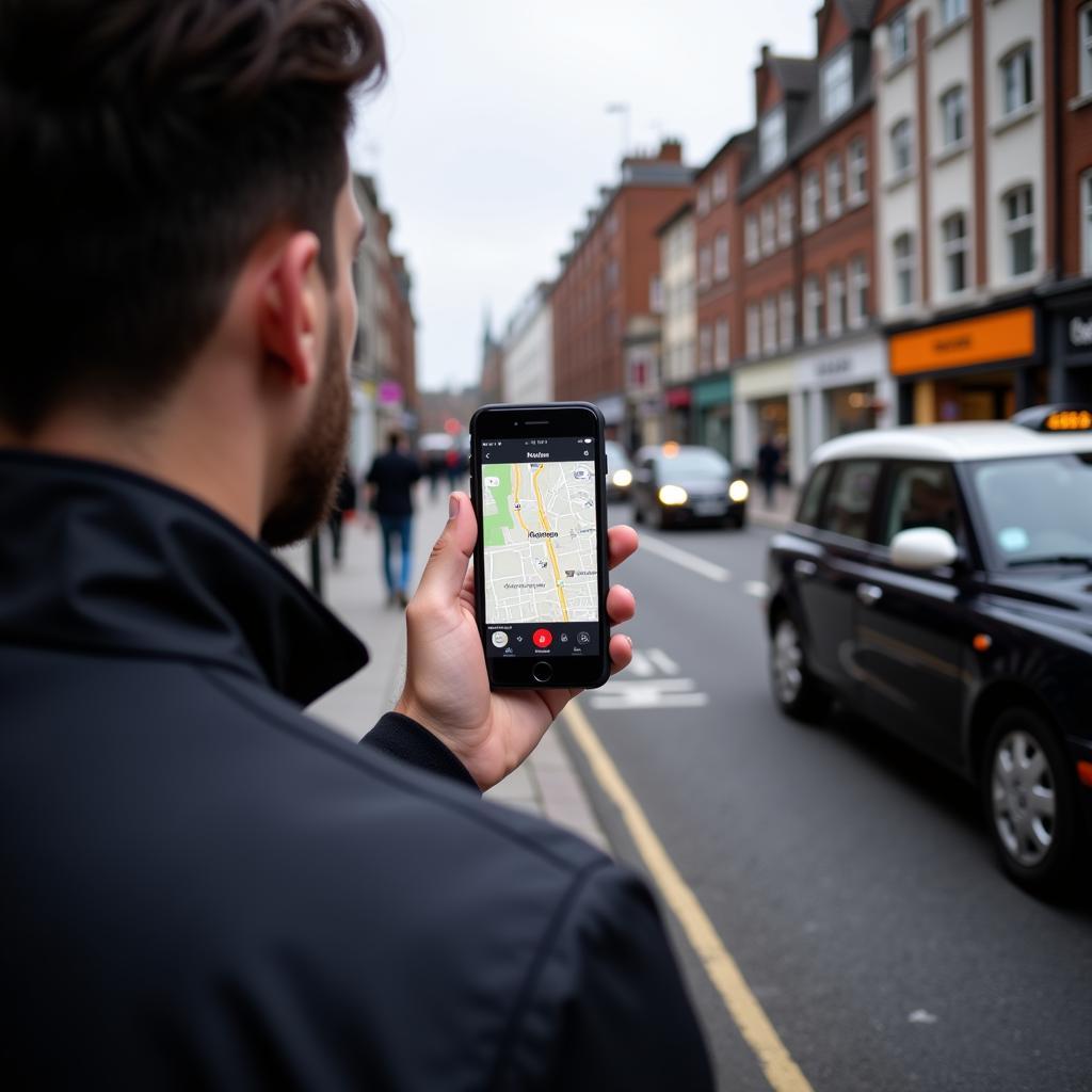 A person booking a car service on their phone in a London street