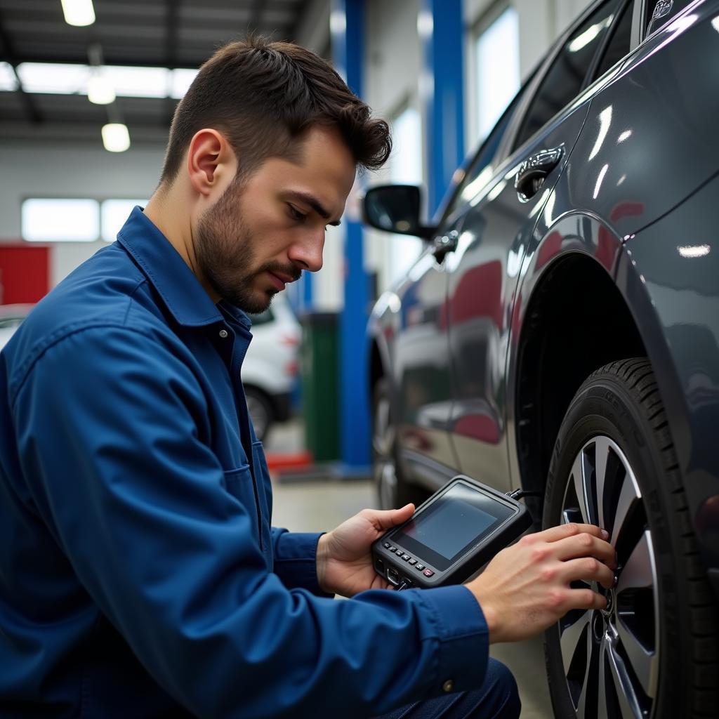 Mechanic using a diagnostic tool on a car in a Bhopal service center