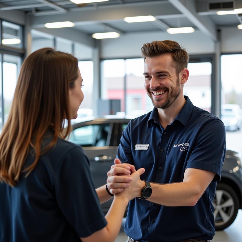 Friendly customer service representative at a car service center in Bideford