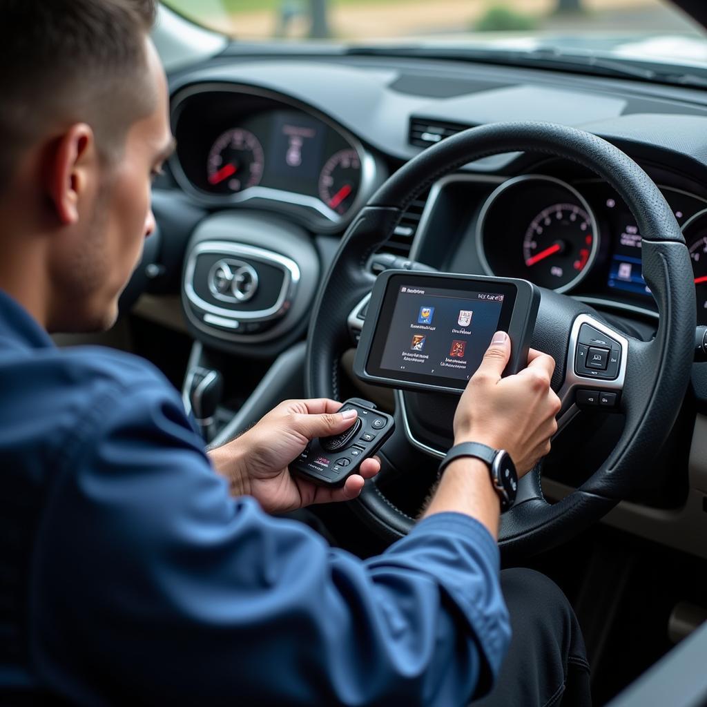 Mechanic using diagnostic tools on a car in Boynton Beach