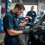 Mechanic working on a car in a Brighton 11th street car service garage