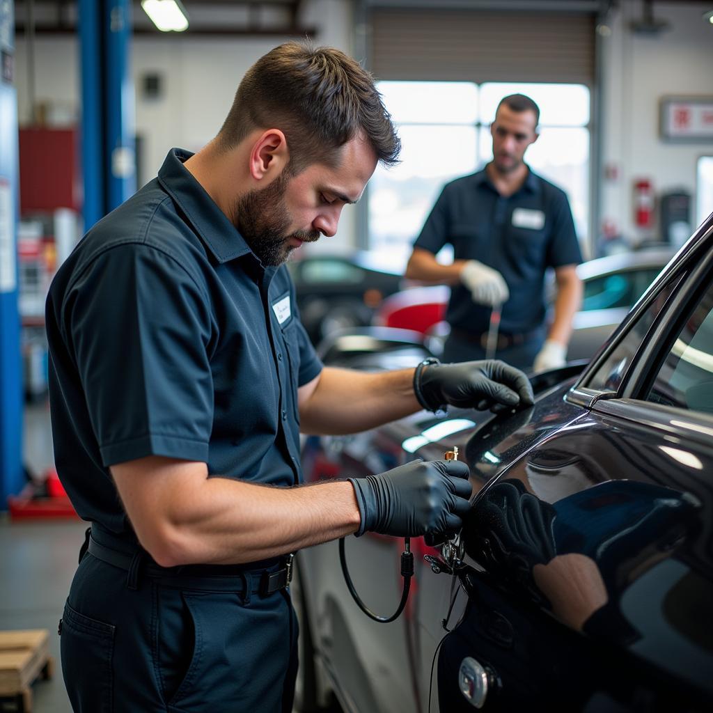 Mechanic working on a car in a Brighton 11th street car service garage