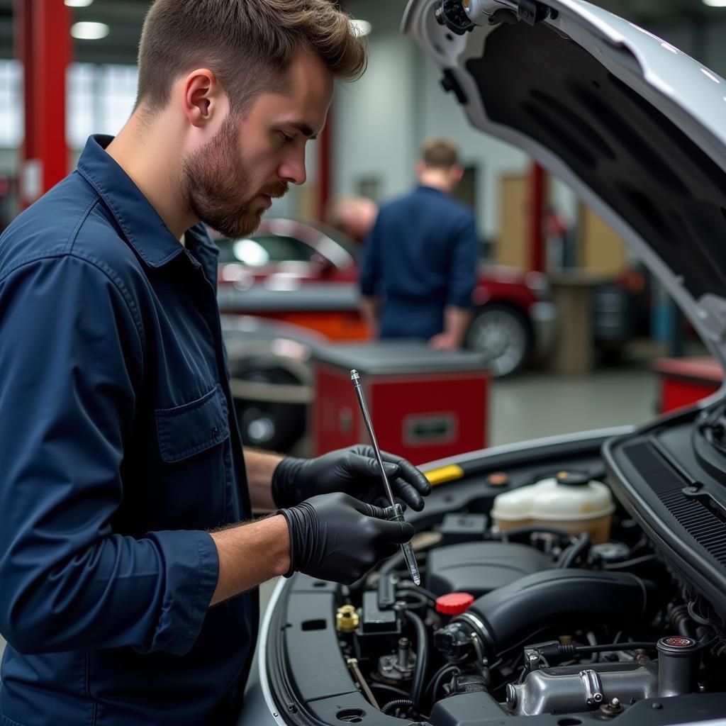 Mechanic checking fluid levels in a car in Bristol