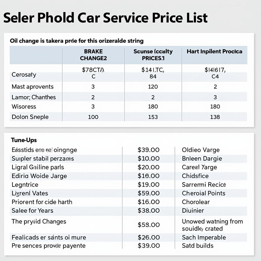 A price list for common car services in California.