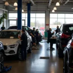 Car service center open with mechanics working while adhering to social distancing guidelines during a lockdown.