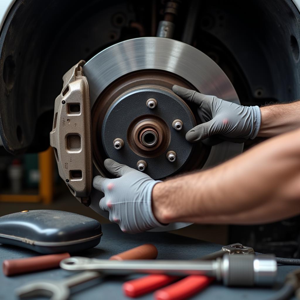 Mechanic Inspecting Car Brakes During Service