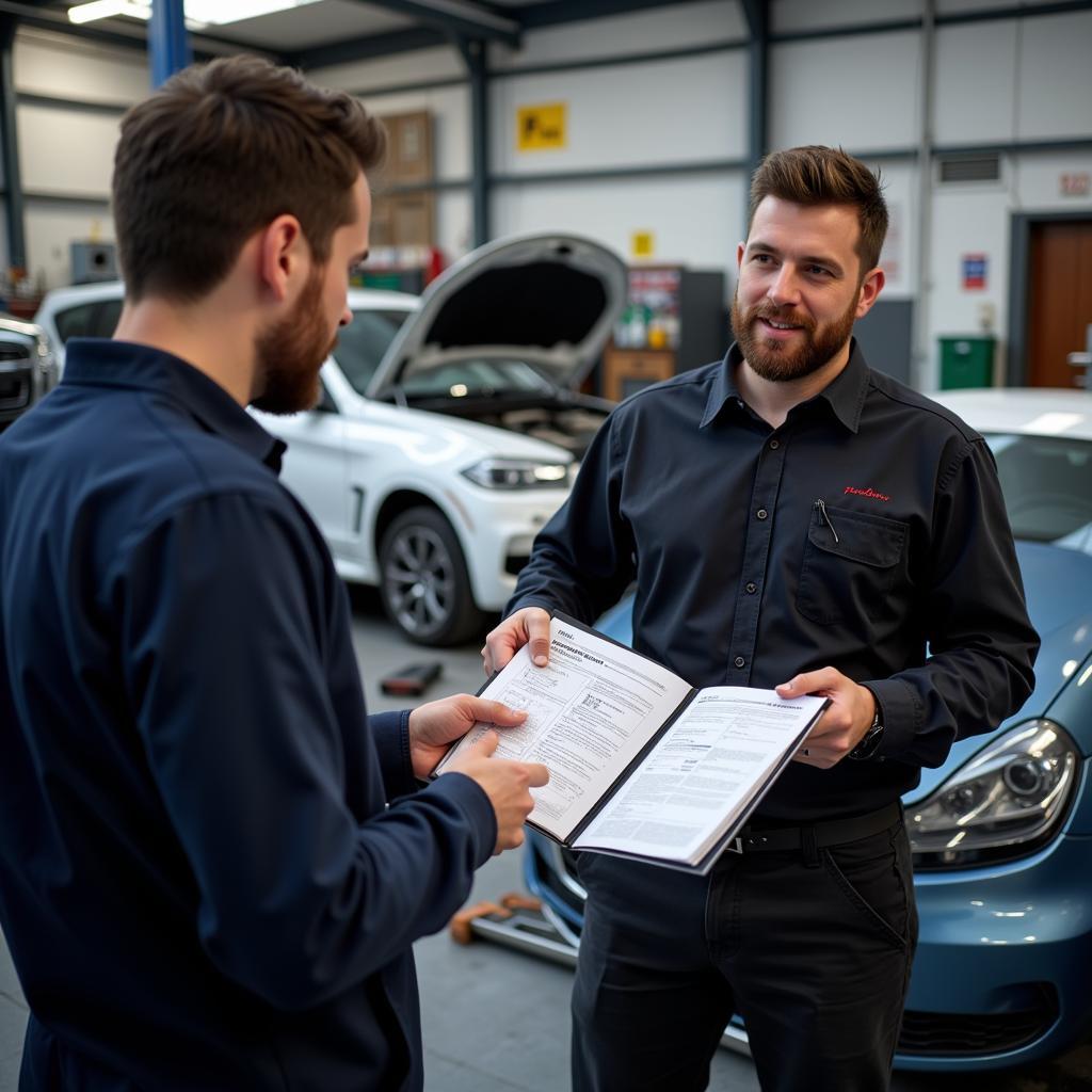 Mechanic Consulting with Customer in Clonmel Garage