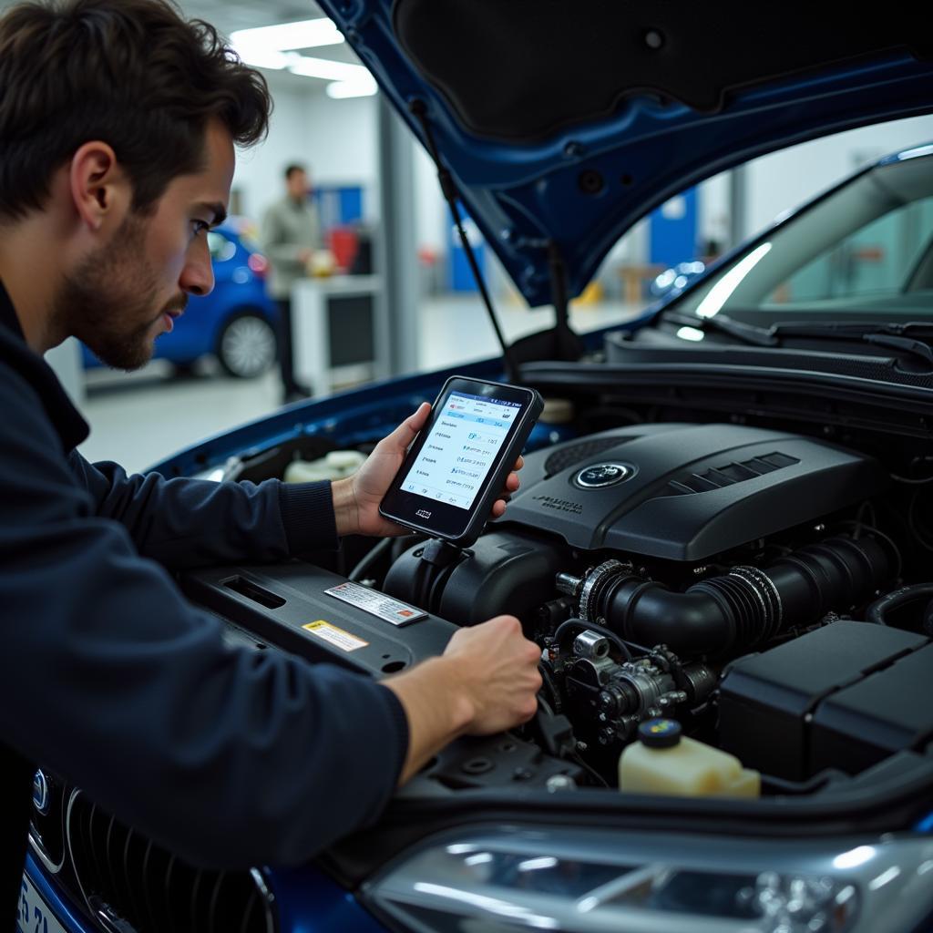 Mechanic using diagnostic tools on a car in Copenhagen