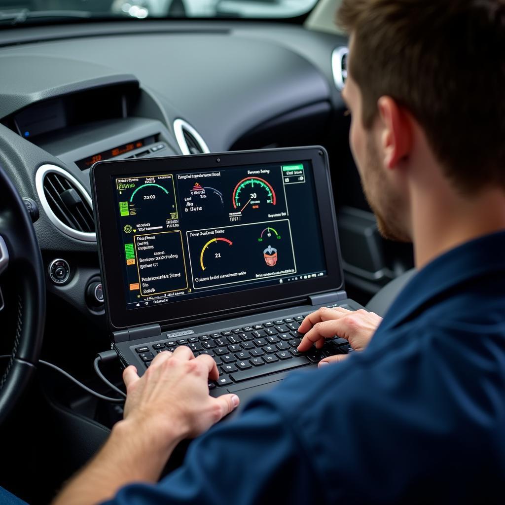 Mechanic using a diagnostic computer to troubleshoot a car problem