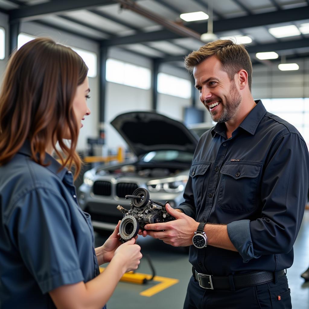 Mechanic showing a car part to a customer