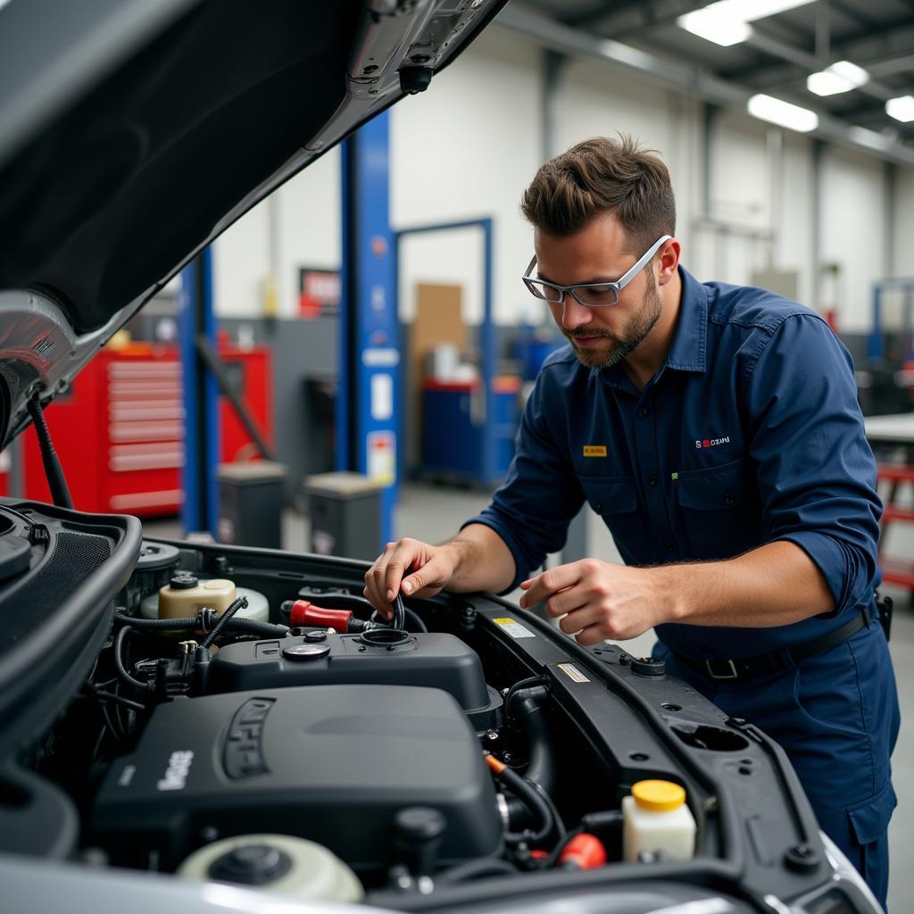 Experienced mechanic performing a car service in Dun Laoghaire.