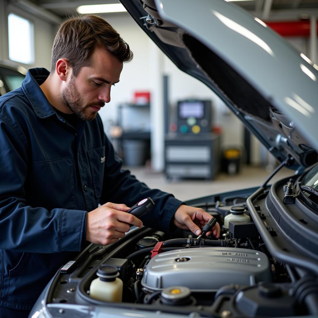 A mechanic working on a car engine in an Exeter car service garage