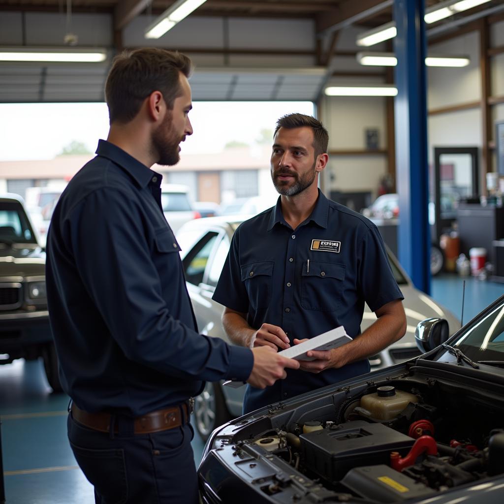 Customer Discussing Car Service with Mechanic in Farmington Hills